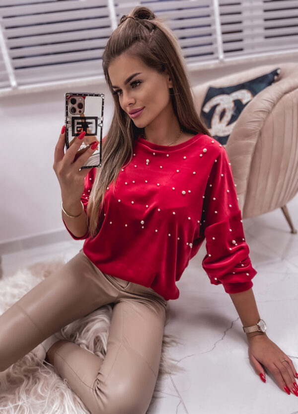 WELUROWA BLUZA Z PERŁAMI RED-648912