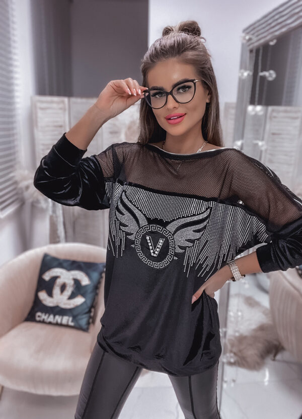 WELUROWA BLUZA Z SIATKĄ I CEKINAMI-655113