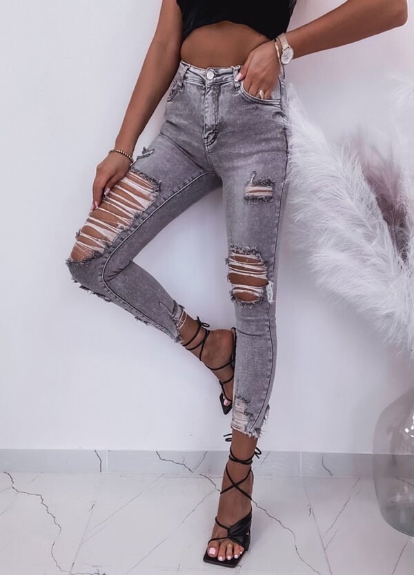 SPODNIE JEANSOWE SKINNY Z DZIURAMI GRAY-666242